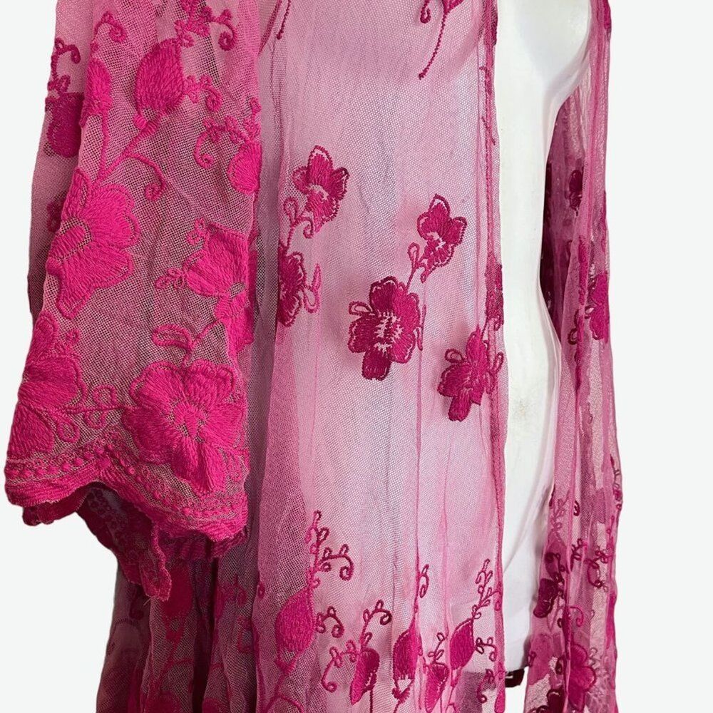 Dee Elly Pink Lace Embroidered Open Sheer Coverup Top Jacket Floral Fairy sz S - Picture 6 of 16